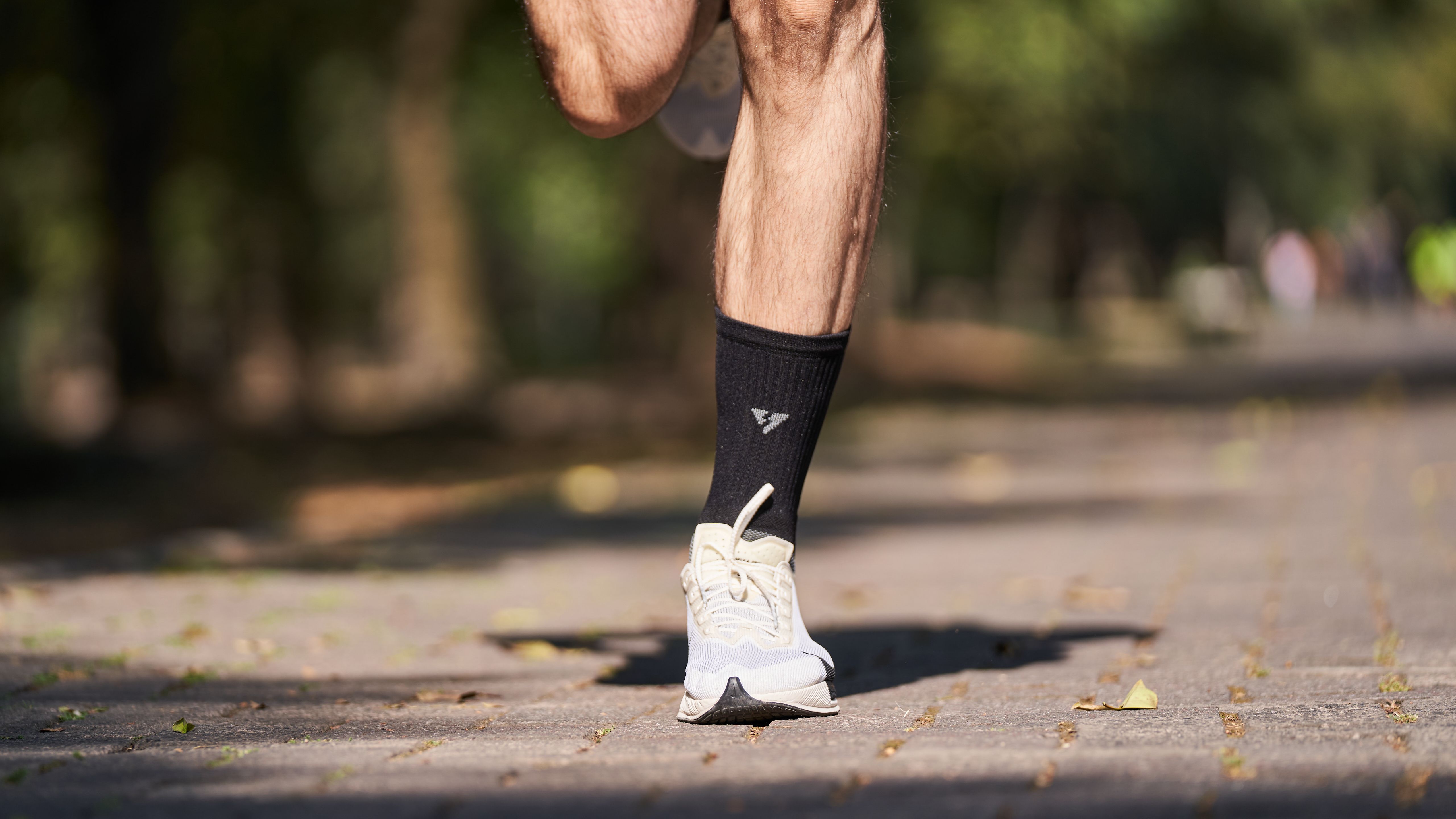 A runner moves along a park path; the shoes are illustrative and are not identified as the HOKA Clifton 11 or Brooks Ghost 18.